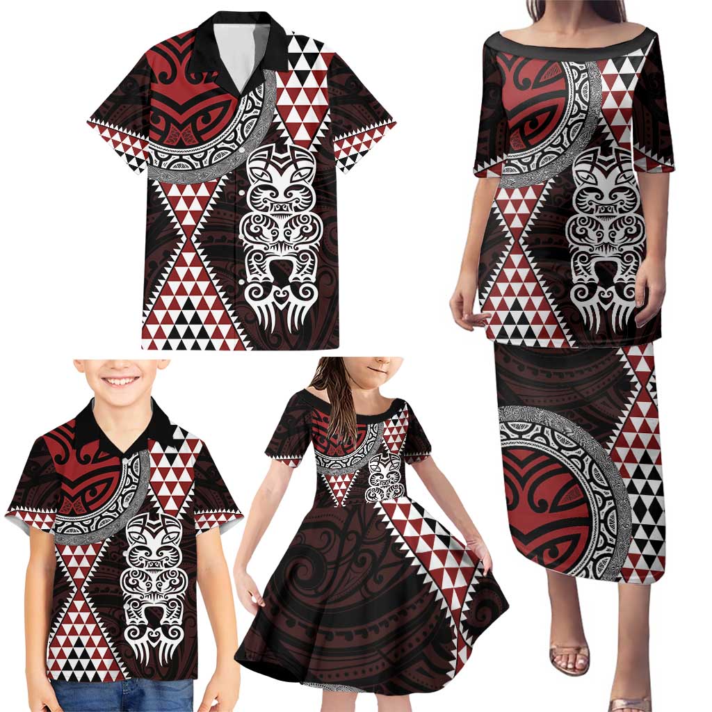 Red Aotearoa Niho Taniwha Family Matching Puletasi and Hawaiian Shirt Maori Mythology Tooth - Taniko Motifs LT14 - Polynesian Pride