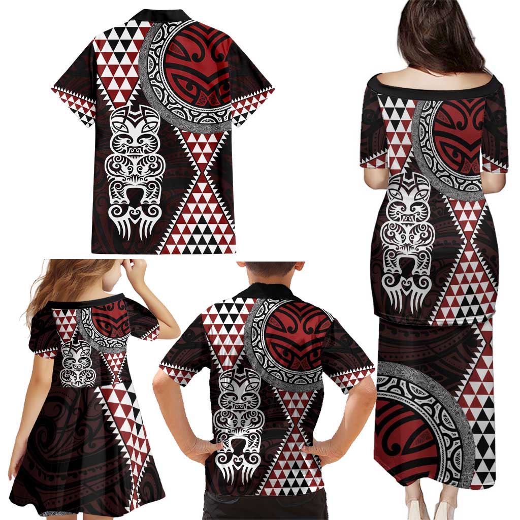 Red Aotearoa Niho Taniwha Family Matching Puletasi and Hawaiian Shirt Maori Mythology Tooth - Taniko Motifs LT14 - Polynesian Pride