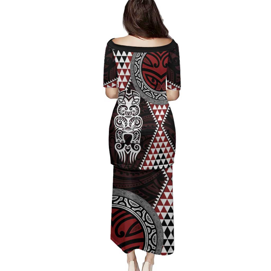 Red Aotearoa Niho Taniwha Family Matching Puletasi and Hawaiian Shirt Maori Mythology Tooth - Taniko Motifs LT14 - Polynesian Pride