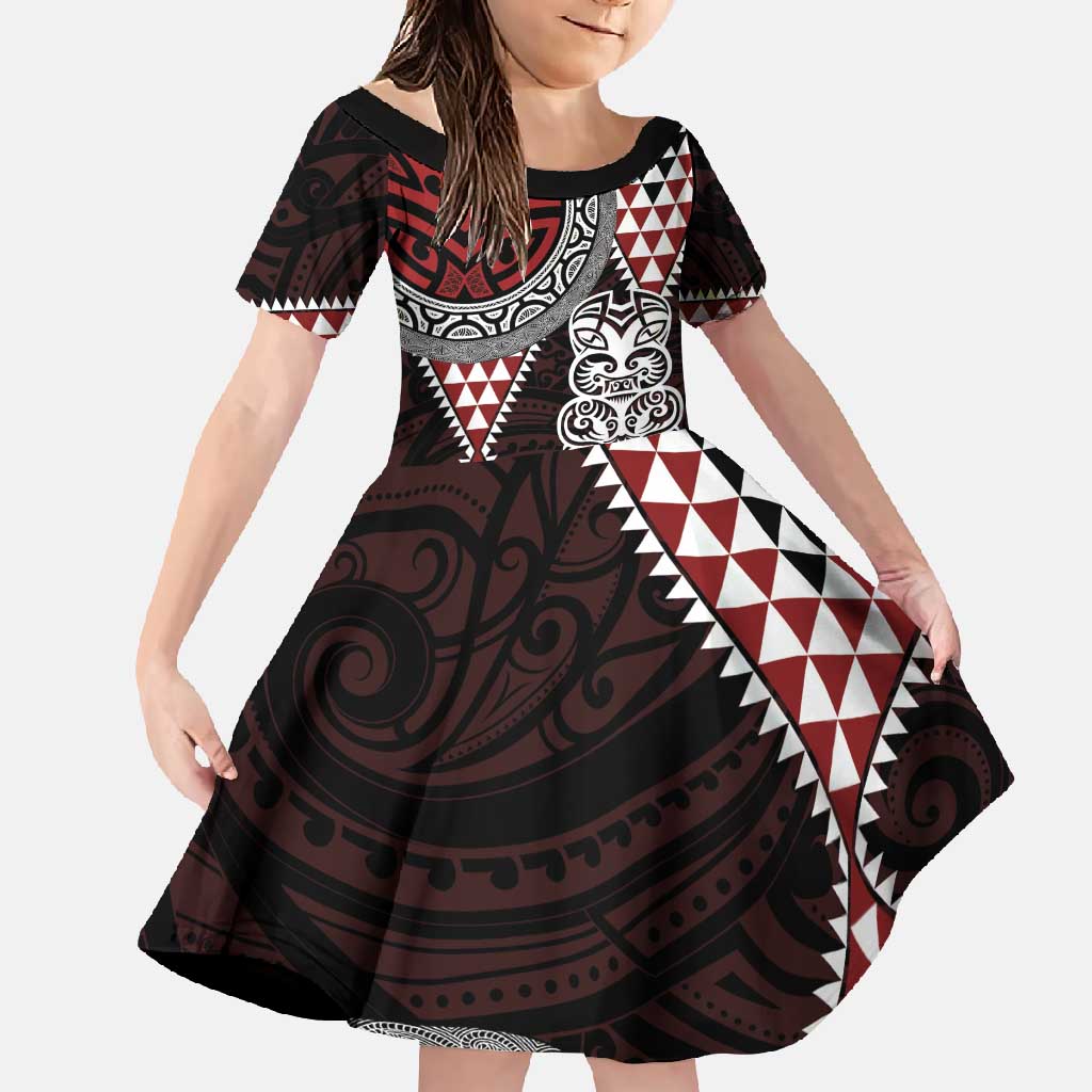 Red Aotearoa Niho Taniwha Family Matching Short Sleeve Bodycon Dress and Hawaiian Shirt Maori Mythology Tooth - Taniko Motifs LT14 Daughter's Dress Red - Polynesian Pride