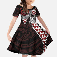 Red Aotearoa Niho Taniwha Family Matching Short Sleeve Bodycon Dress and Hawaiian Shirt Maori Mythology Tooth - Taniko Motifs LT14 Daughter's Dress Red - Polynesian Pride