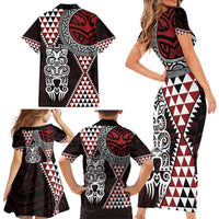 Red Aotearoa Niho Taniwha Family Matching Short Sleeve Bodycon Dress and Hawaiian Shirt Maori Mythology Tooth - Taniko Motifs LT14 - Polynesian Pride