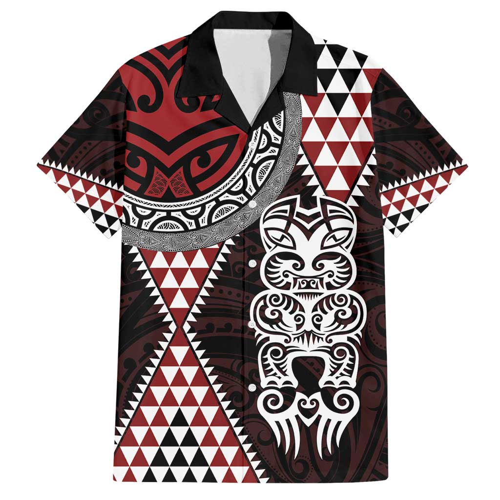 Red Aotearoa Niho Taniwha Family Matching Summer Maxi Dress and Hawaiian Shirt Maori Mythology Tooth - Taniko Motifs LT14 Dad's Shirt - Short Sleeve Red - Polynesian Pride