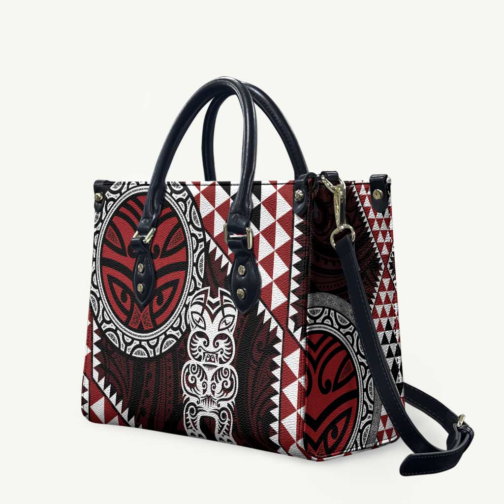 Red Aotearoa Niho Taniwha Leather Bag Maori Mythology Tooth - Taniko Motifs LT14 Red - Polynesian Pride