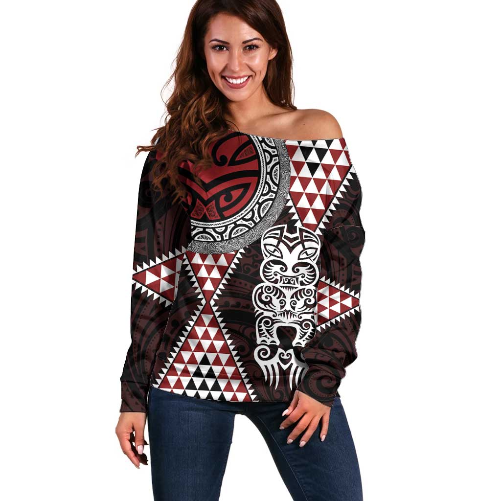 Red Aotearoa Niho Taniwha Off Shoulder Sweater Maori Mythology Tooth - Taniko Motifs LT14 Women Red - Polynesian Pride