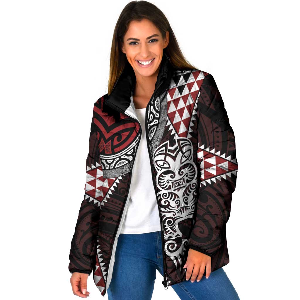Red Aotearoa Niho Taniwha Padded Jacket Maori Mythology Tooth - Taniko Motifs - Polynesian Pride