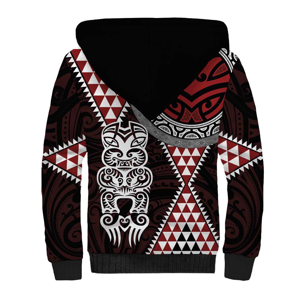 Red Aotearoa Niho Taniwha Sherpa Hoodie Maori Mythology Tooth - Taniko Motifs LT14 - Polynesian Pride