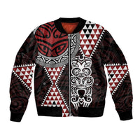 Red Aotearoa Niho Taniwha Sleeve Zip Bomber Jacket Maori Mythology Tooth - Taniko Motifs LT14 Unisex Red - Polynesian Pride