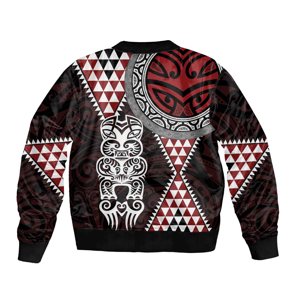 Red Aotearoa Niho Taniwha Sleeve Zip Bomber Jacket Maori Mythology Tooth - Taniko Motifs LT14 - Polynesian Pride