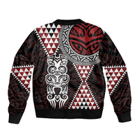 Red Aotearoa Niho Taniwha Sleeve Zip Bomber Jacket Maori Mythology Tooth - Taniko Motifs LT14 - Polynesian Pride