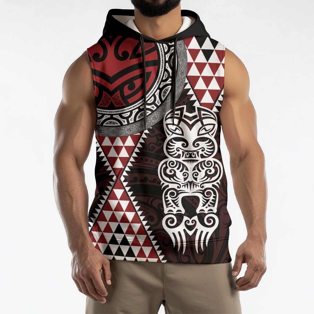 Red Aotearoa Niho Taniwha Sleeveless Hoodie Maori Mythology Tooth - Taniko Motifs - Polynesian Pride