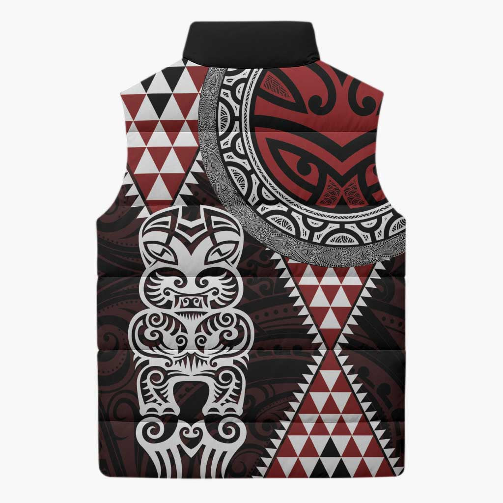 Red Aotearoa Niho Taniwha Sleeveless Puffer Jacket Maori Mythology Tooth - Taniko Motifs LT14 - Polynesian Pride