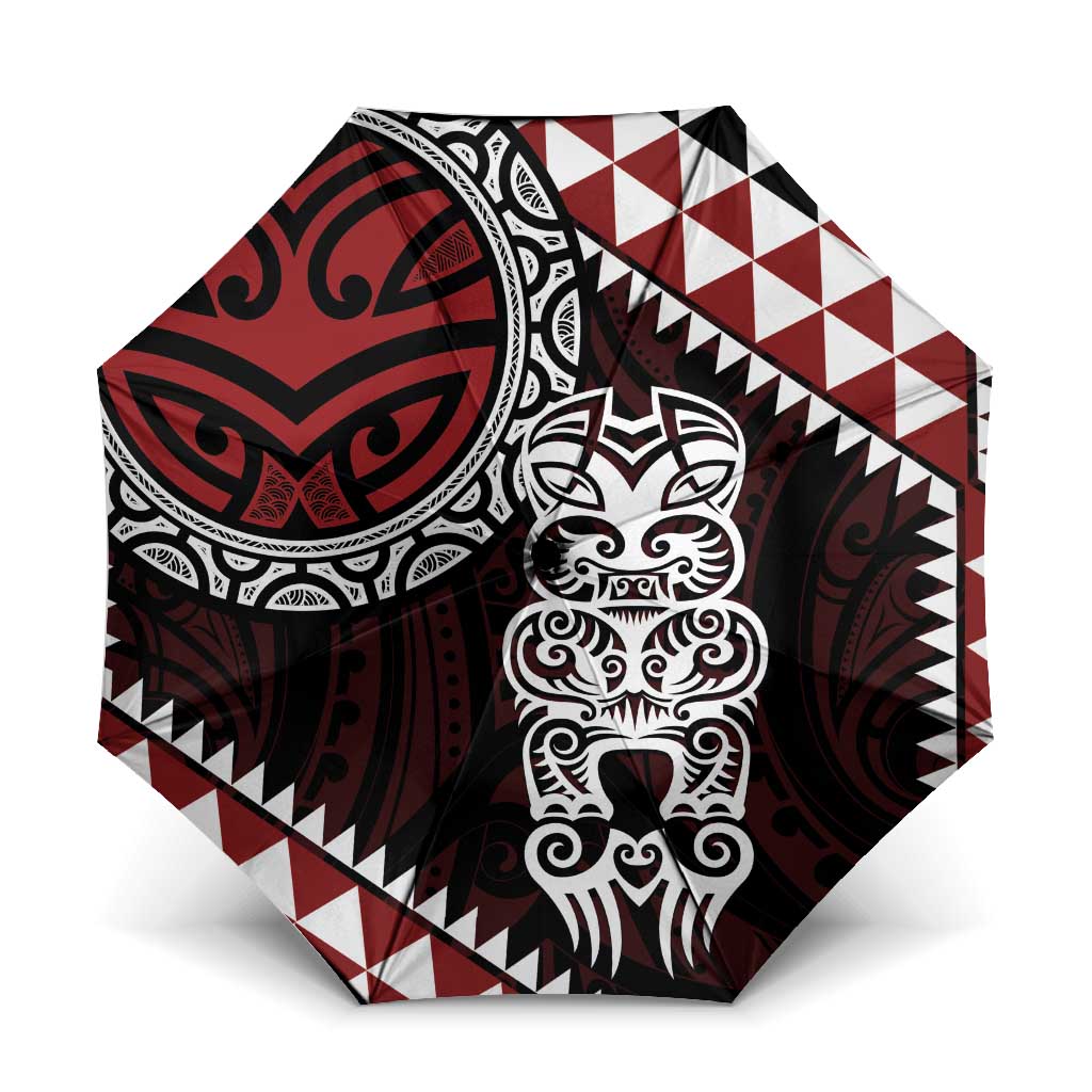 Red Aotearoa Niho Taniwha Umbrella Maori Mythology Tooth - Taniko Motifs LT14 One Size Folded 11.42 inch Opened Diameter 37.4 inch Red - Polynesian Pride