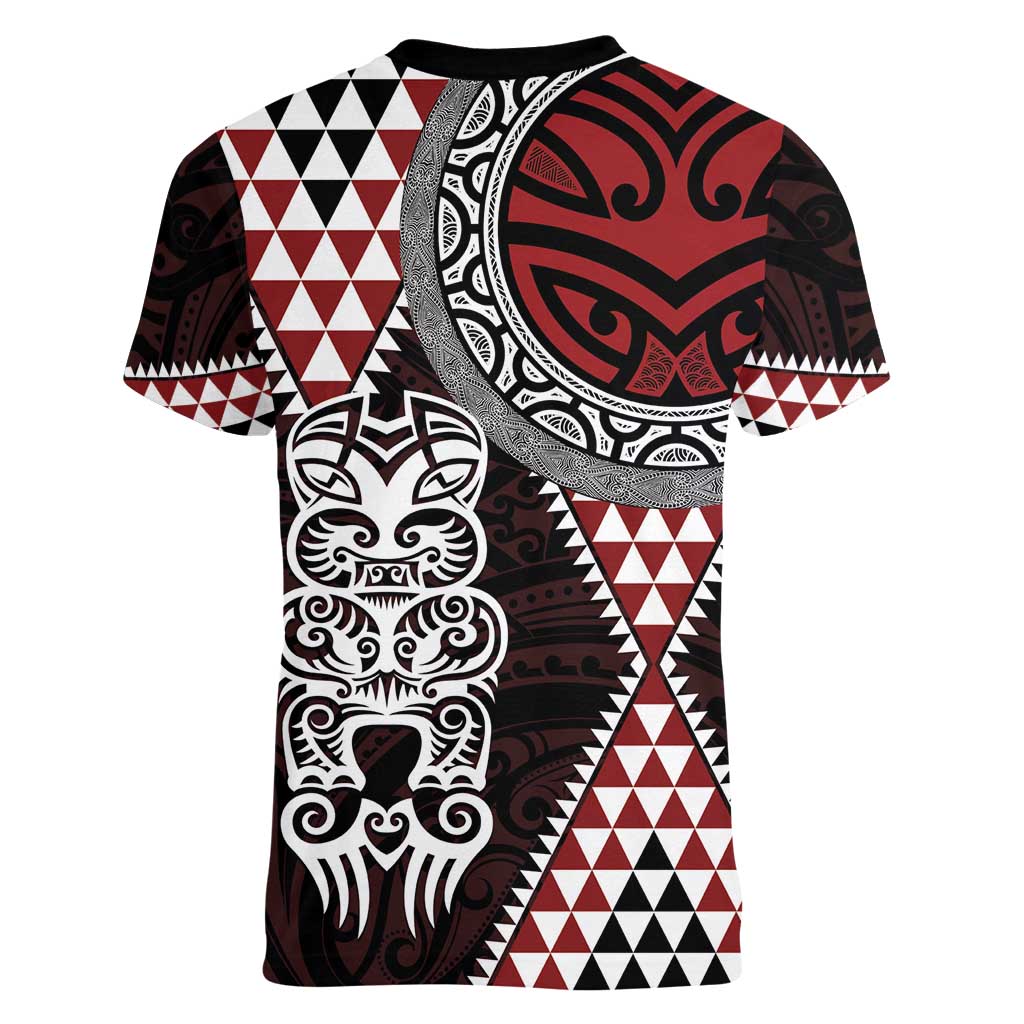 Red Aotearoa Niho Taniwha Women V-Neck T-Shirt Maori Mythology Tooth - Taniko Motifs