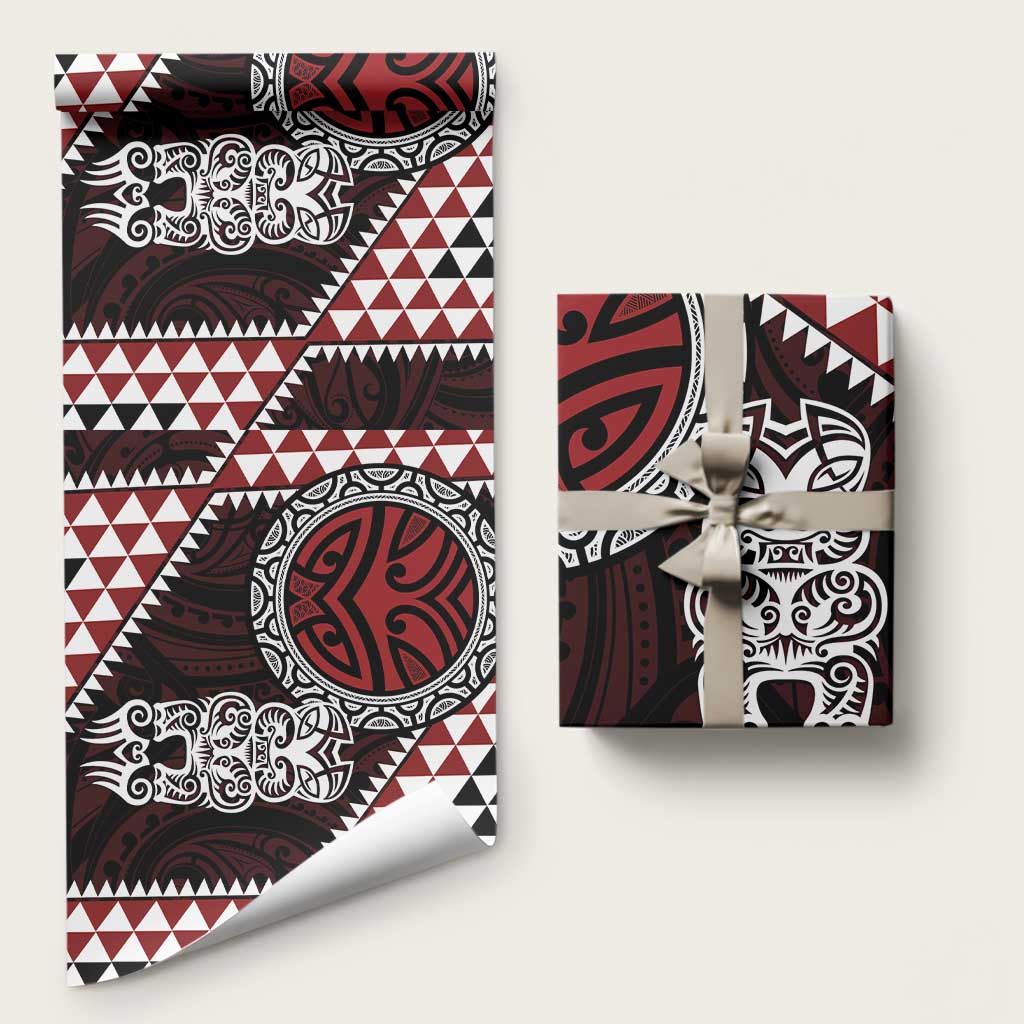 Red Aotearoa Niho Taniwha Wrapping Paper Maori Mythology Tooth - Taniko Motifs LT14 58" × 23" Red - Polynesian Pride