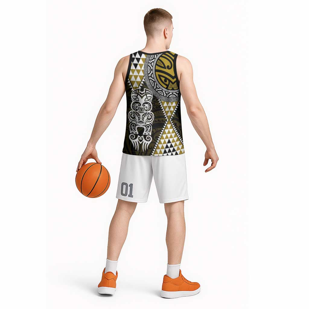 Yellow Aotearoa Niho Taniwha Basketball Jersey Maori Mythology Tooth - Taniko Motifs - Polynesian Pride