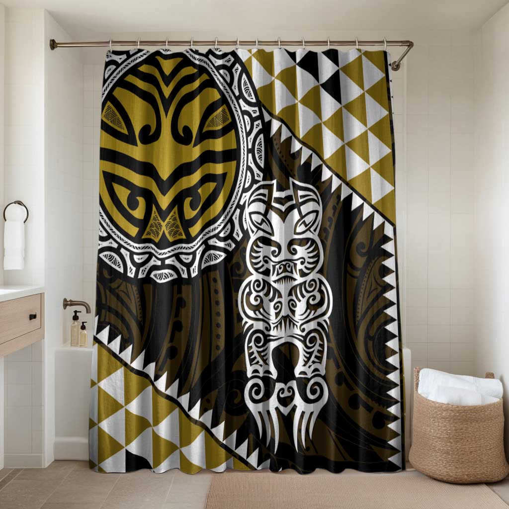 Yellow Aotearoa Niho Taniwha Bathroom Set Maori Mythology Tooth - Taniko Motifs LT14 Shower Curtain Only Yellow - Polynesian Pride