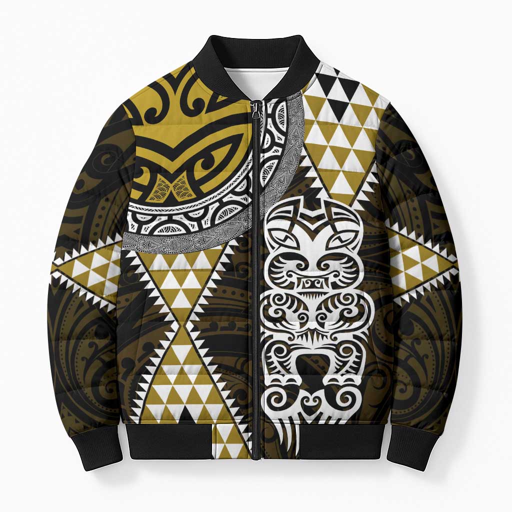 Yellow Aotearoa Niho Taniwha Bomber Puffer Jacket Maori Mythology Tooth - Taniko Motifs LT14 Unisex Yellow - Polynesian Pride