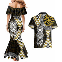 Yellow Aotearoa Niho Taniwha Couples Matching Mermaid Dress and Hawaiian Shirt Maori Mythology Tooth - Taniko Motifs LT14 - Polynesian Pride