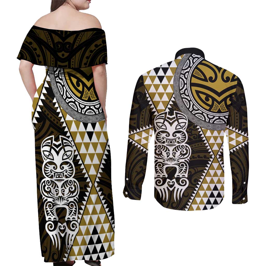 Yellow Aotearoa Niho Taniwha Couples Matching Off Shoulder Maxi Dress and Long Sleeve Button Shirt Maori Mythology Tooth - Taniko Motifs