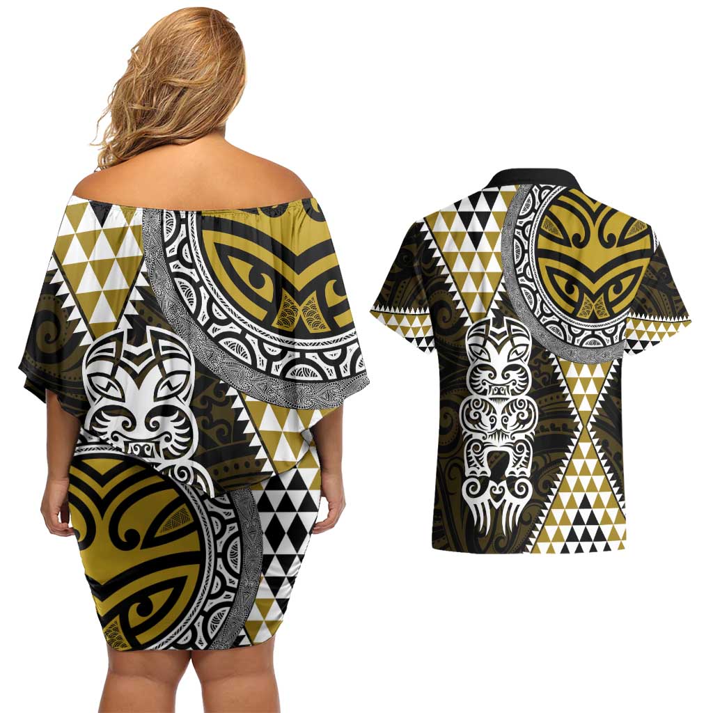 Yellow Aotearoa Niho Taniwha Couples Matching Off Shoulder Short Dress and Hawaiian Shirt Maori Mythology Tooth - Taniko Motifs LT14 - Polynesian Pride