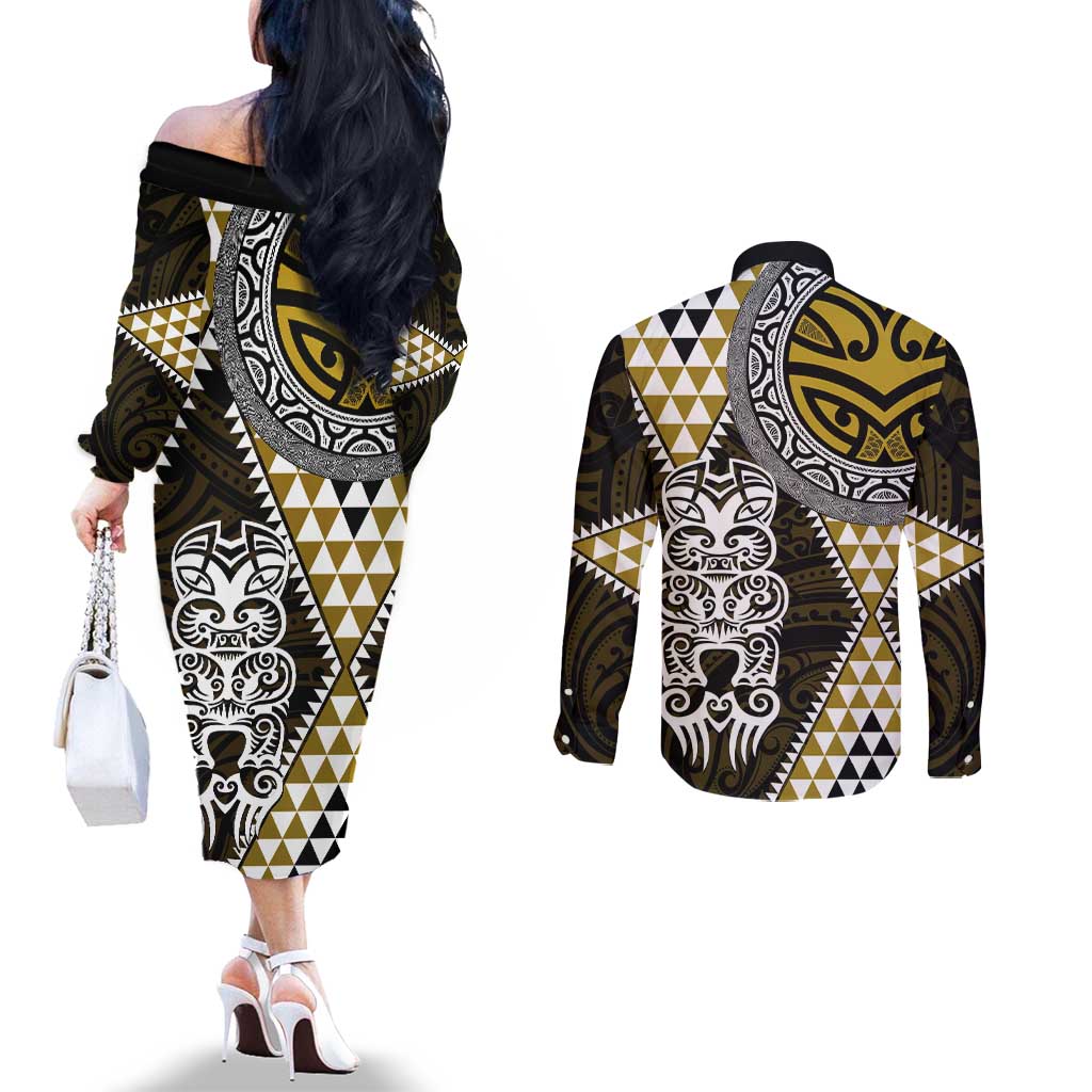 Yellow Aotearoa Niho Taniwha Couples Matching Off The Shoulder Long Sleeve Dress and Long Sleeve Button Shirt Maori Mythology Tooth - Taniko Motifs LT14 - Polynesian Pride