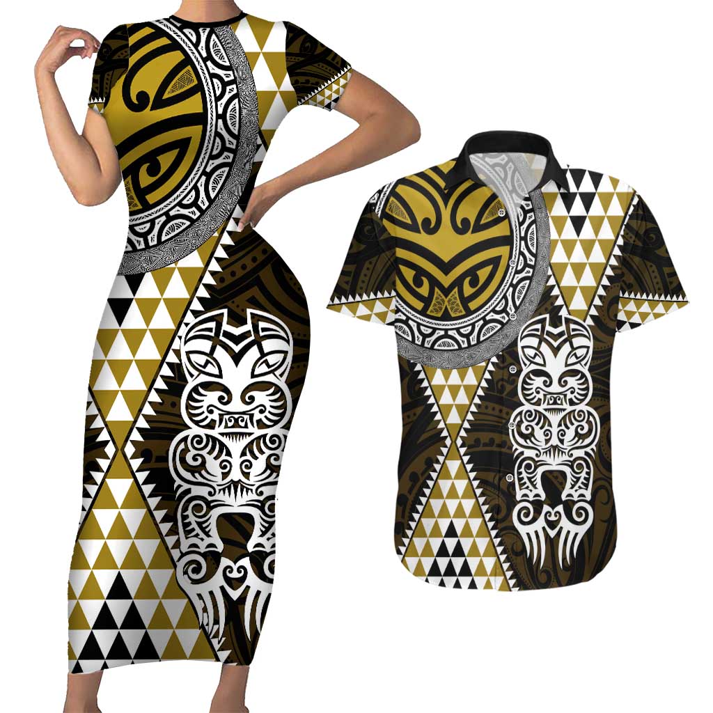 Yellow Aotearoa Niho Taniwha Couples Matching Short Sleeve Bodycon Dress and Hawaiian Shirt Maori Mythology Tooth - Taniko Motifs LT14 Yellow - Polynesian Pride