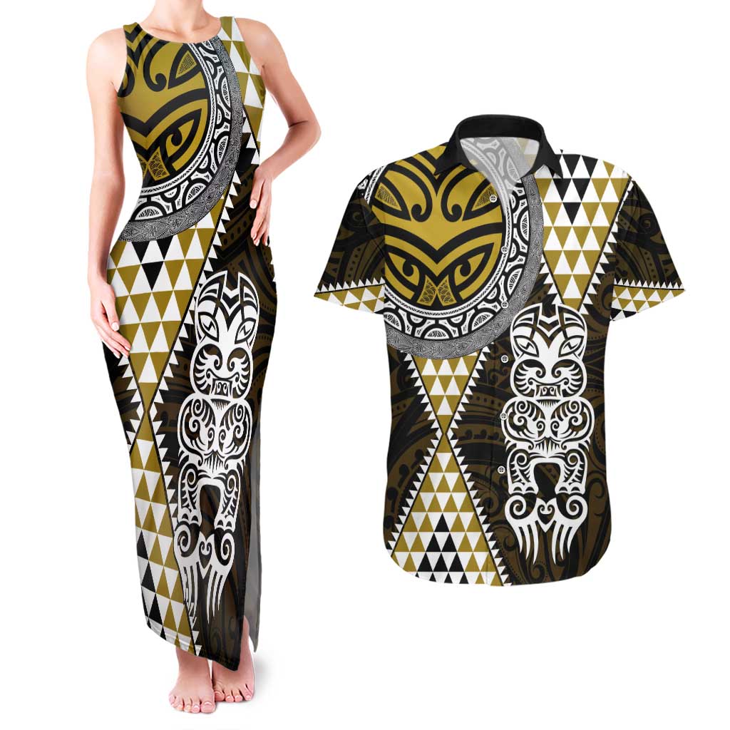 Yellow Aotearoa Niho Taniwha Couples Matching Tank Maxi Dress and Hawaiian Shirt Maori Mythology Tooth - Taniko Motifs LT14 Yellow - Polynesian Pride