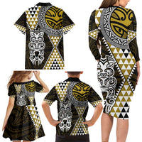Yellow Aotearoa Niho Taniwha Family Matching Long Sleeve Bodycon Dress and Hawaiian Shirt Maori Mythology Tooth - Taniko Motifs LT14 - Polynesian Pride