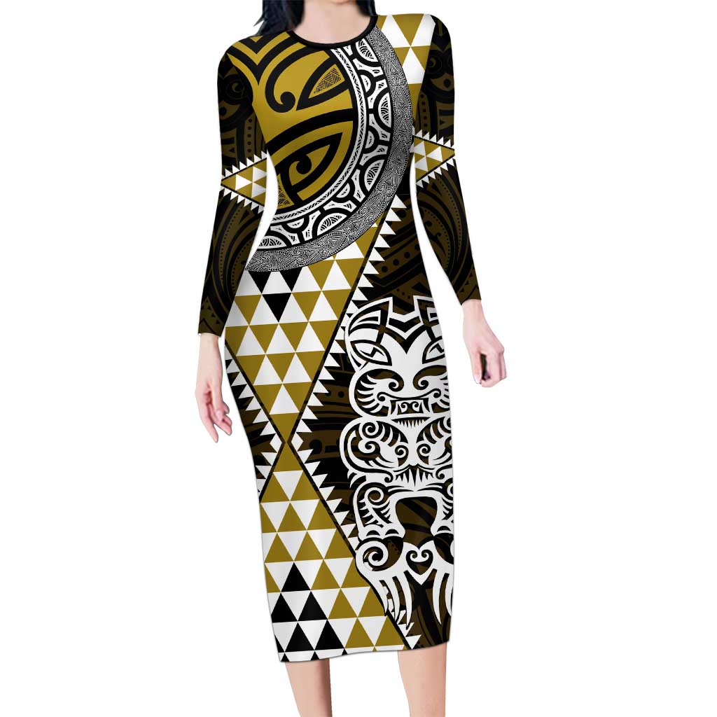 Yellow Aotearoa Niho Taniwha Family Matching Long Sleeve Bodycon Dress and Hawaiian Shirt Maori Mythology Tooth - Taniko Motifs LT14 Mom's Dress Yellow - Polynesian Pride