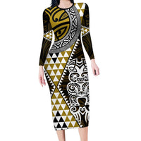 Yellow Aotearoa Niho Taniwha Family Matching Long Sleeve Bodycon Dress and Hawaiian Shirt Maori Mythology Tooth - Taniko Motifs LT14 Mom's Dress Yellow - Polynesian Pride