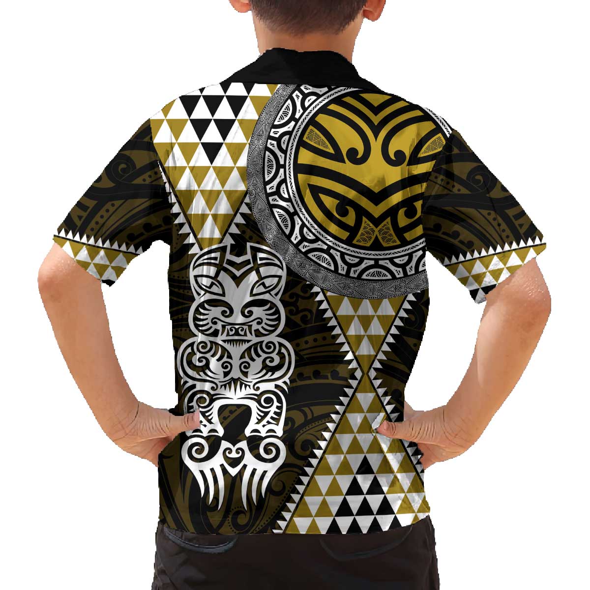 Yellow Aotearoa Niho Taniwha Family Matching Off The Shoulder Long Sleeve Dress and Hawaiian Shirt Maori Mythology Tooth - Taniko Motifs LT14 - Polynesian Pride