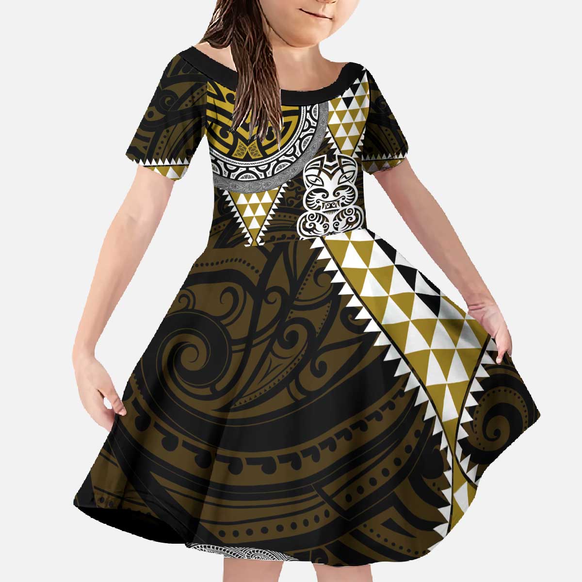 Yellow Aotearoa Niho Taniwha Family Matching Off The Shoulder Long Sleeve Dress and Hawaiian Shirt Maori Mythology Tooth - Taniko Motifs LT14 Daughter's Dress Yellow - Polynesian Pride
