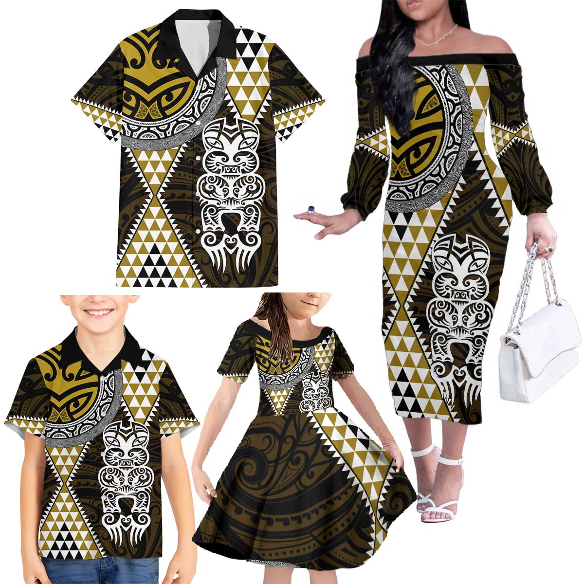Yellow Aotearoa Niho Taniwha Family Matching Off The Shoulder Long Sleeve Dress and Hawaiian Shirt Maori Mythology Tooth - Taniko Motifs LT14 - Polynesian Pride