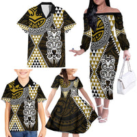 Yellow Aotearoa Niho Taniwha Family Matching Off The Shoulder Long Sleeve Dress and Hawaiian Shirt Maori Mythology Tooth - Taniko Motifs LT14 - Polynesian Pride