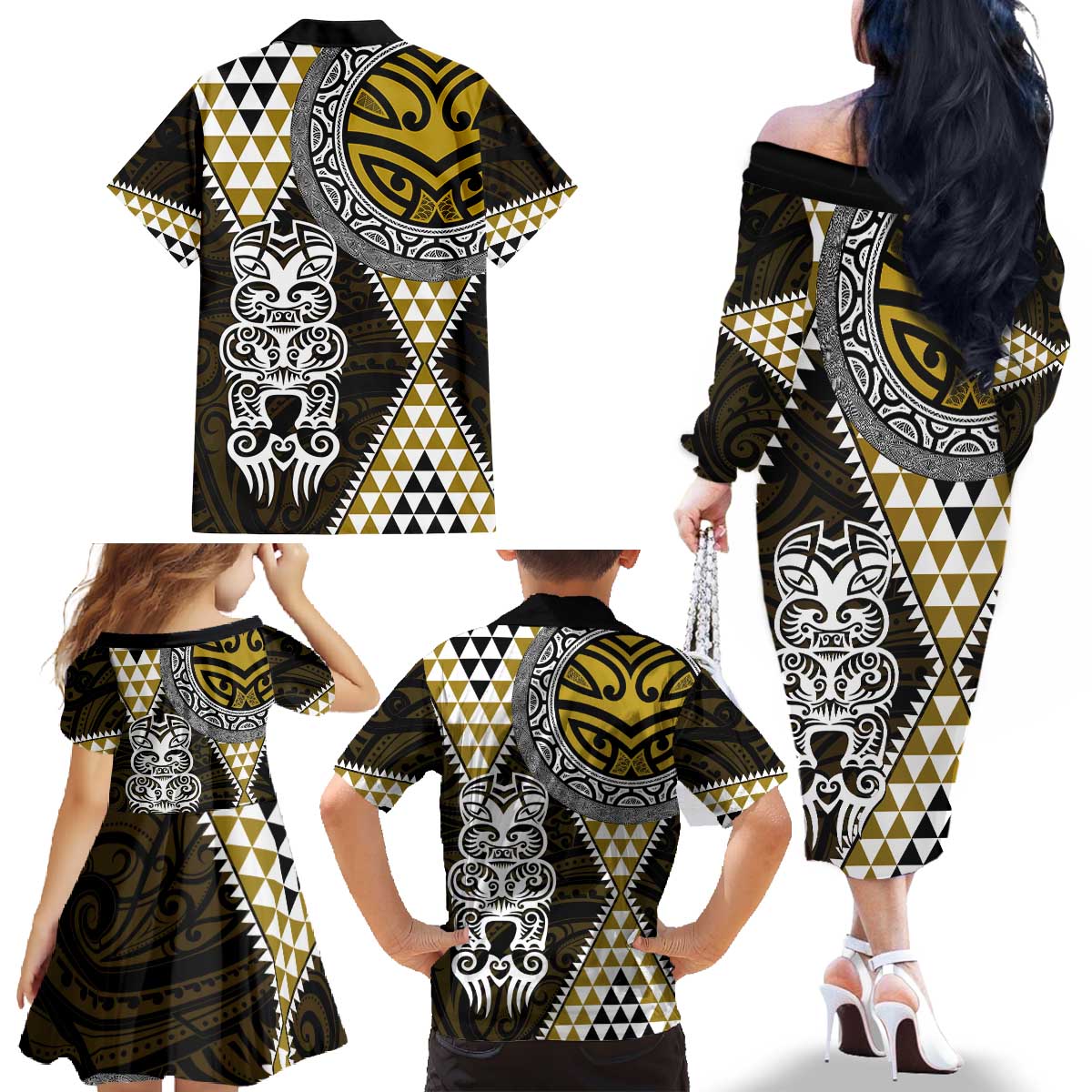 Yellow Aotearoa Niho Taniwha Family Matching Off The Shoulder Long Sleeve Dress and Hawaiian Shirt Maori Mythology Tooth - Taniko Motifs LT14 - Polynesian Pride