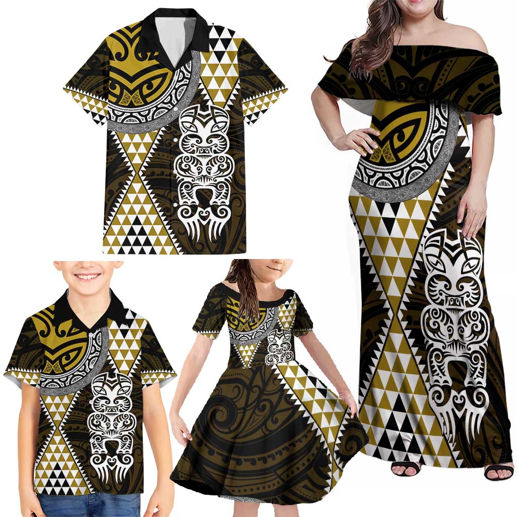 Yellow Aotearoa Niho Taniwha Family Matching Off Shoulder Maxi Dress and Hawaiian Shirt Maori Mythology Tooth - Taniko Motifs LT14 - Polynesian Pride