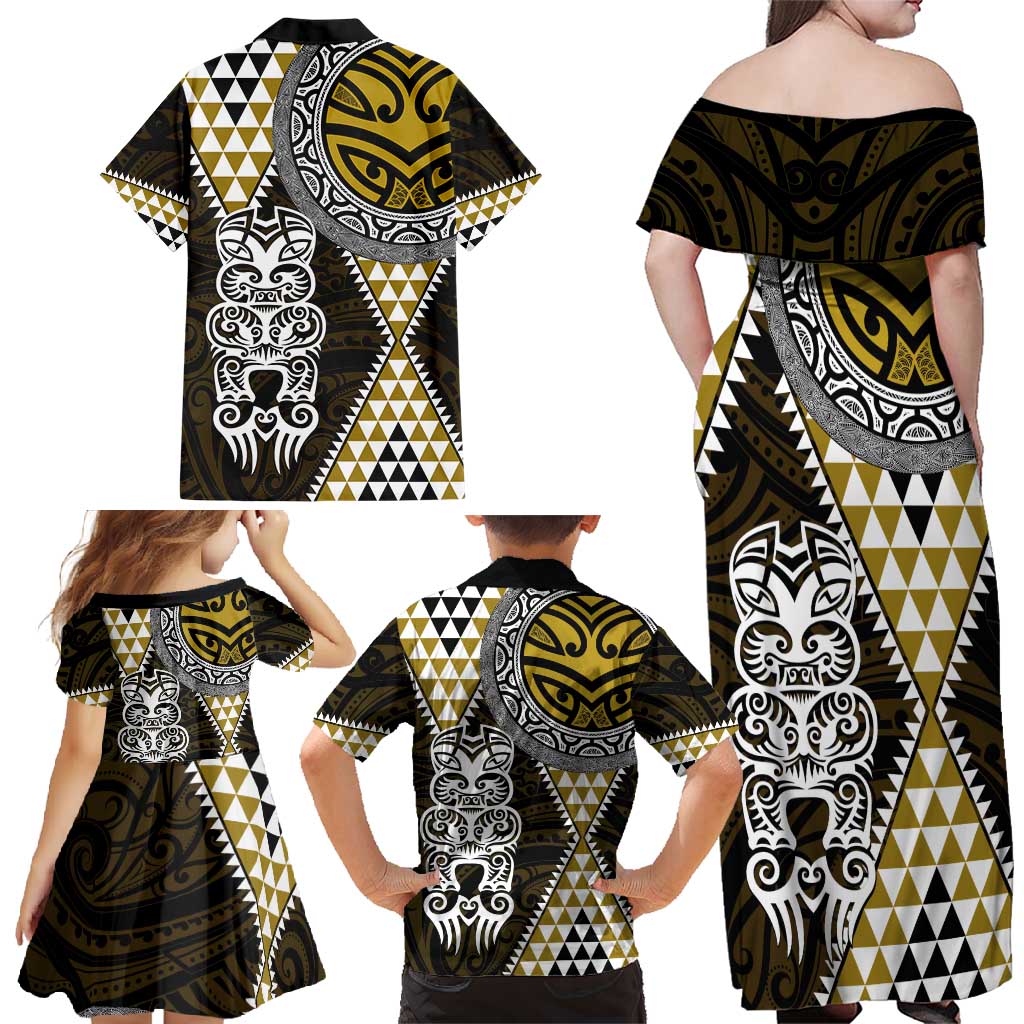 Yellow Aotearoa Niho Taniwha Family Matching Off Shoulder Maxi Dress and Hawaiian Shirt Maori Mythology Tooth - Taniko Motifs LT14 - Polynesian Pride