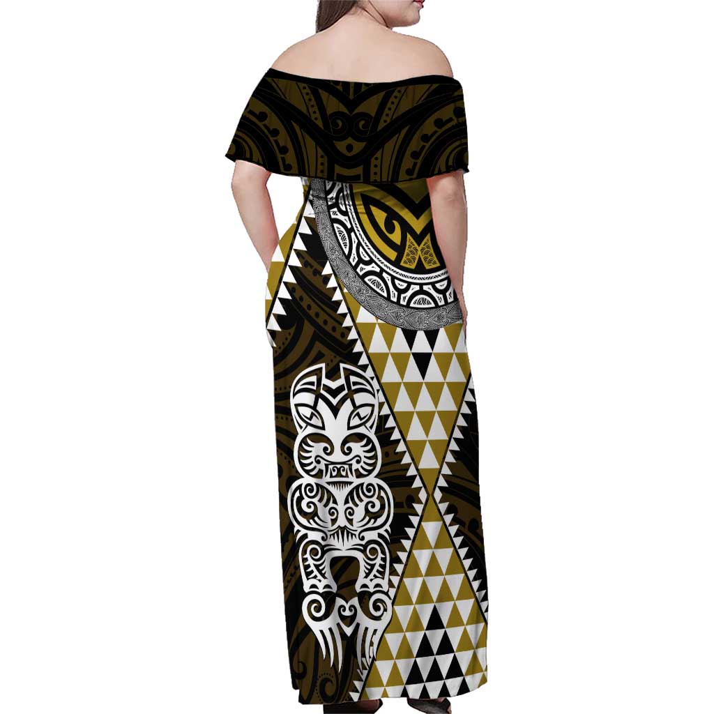 Yellow Aotearoa Niho Taniwha Family Matching Off Shoulder Maxi Dress and Hawaiian Shirt Maori Mythology Tooth - Taniko Motifs LT14 - Polynesian Pride
