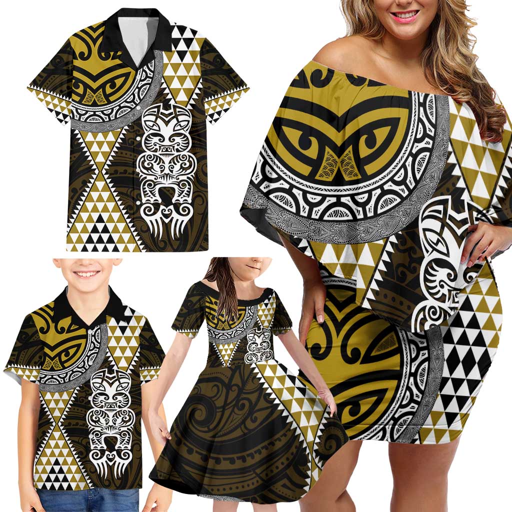 Yellow Aotearoa Niho Taniwha Family Matching Off Shoulder Short Dress and Hawaiian Shirt Maori Mythology Tooth - Taniko Motifs LT14 - Polynesian Pride