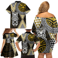 Yellow Aotearoa Niho Taniwha Family Matching Off Shoulder Short Dress and Hawaiian Shirt Maori Mythology Tooth - Taniko Motifs LT14 - Polynesian Pride