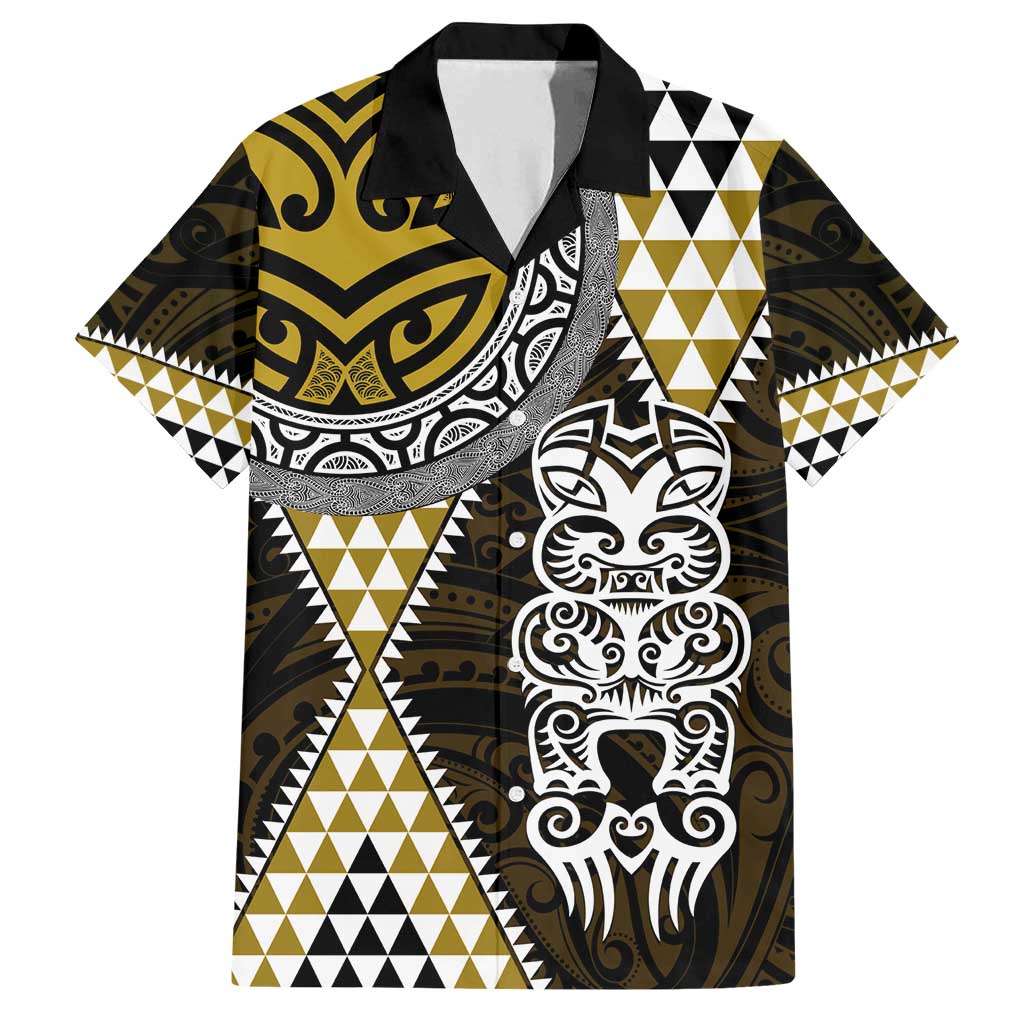 Yellow Aotearoa Niho Taniwha Family Matching Off Shoulder Short Dress and Hawaiian Shirt Maori Mythology Tooth - Taniko Motifs LT14 Dad's Shirt - Short Sleeve Yellow - Polynesian Pride