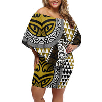 Yellow Aotearoa Niho Taniwha Family Matching Off Shoulder Short Dress and Hawaiian Shirt Maori Mythology Tooth - Taniko Motifs LT14 Mom's Dress Yellow - Polynesian Pride