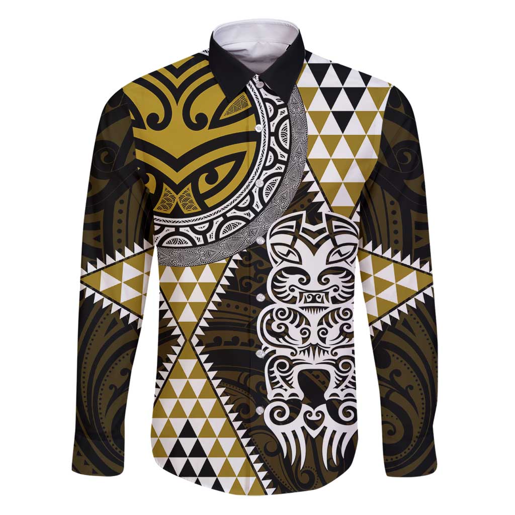 Yellow Aotearoa Niho Taniwha Family Matching Puletasi and Hawaiian Shirt Maori Mythology Tooth - Taniko Motifs LT14 Dad's Shirt - Long Sleeve Yellow - Polynesian Pride