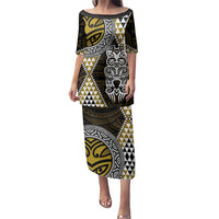 Yellow Aotearoa Niho Taniwha Family Matching Puletasi and Hawaiian Shirt Maori Mythology Tooth - Taniko Motifs LT14 Mom's Dress Yellow - Polynesian Pride