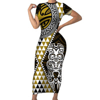 Yellow Aotearoa Niho Taniwha Family Matching Short Sleeve Bodycon Dress and Hawaiian Shirt Maori Mythology Tooth - Taniko Motifs LT14 Mom's Dress Yellow - Polynesian Pride