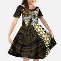 Yellow Aotearoa Niho Taniwha Family Matching Summer Maxi Dress and Hawaiian Shirt Maori Mythology Tooth - Taniko Motifs LT14 Daughter's Dress Yellow - Polynesian Pride