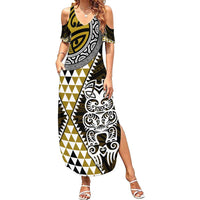 Yellow Aotearoa Niho Taniwha Family Matching Summer Maxi Dress and Hawaiian Shirt Maori Mythology Tooth - Taniko Motifs LT14 Mom's Dress Yellow - Polynesian Pride
