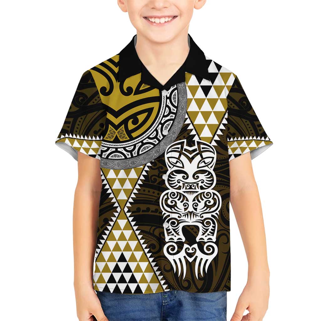 Yellow Aotearoa Niho Taniwha Family Matching Summer Maxi Dress and Hawaiian Shirt Maori Mythology Tooth - Taniko Motifs LT14 Son's Shirt Yellow - Polynesian Pride