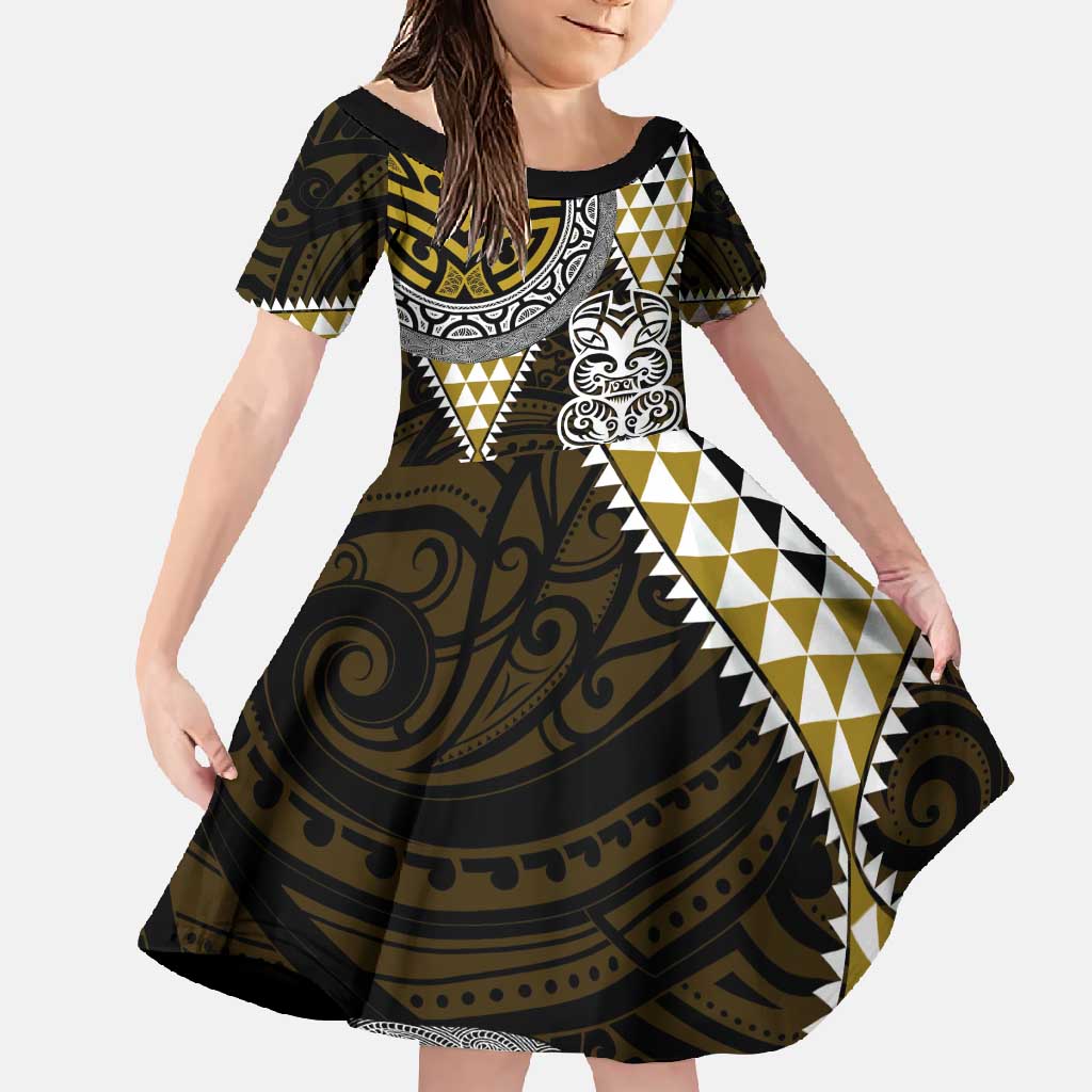 Yellow Aotearoa Niho Taniwha Family Matching Tank Maxi Dress and Hawaiian Shirt Maori Mythology Tooth - Taniko Motifs LT14 Daughter's Dress Yellow - Polynesian Pride